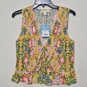 Chelsea & Violet Women Top Size Large Fits 12 Yellow V-neck Floral Front-Tie New